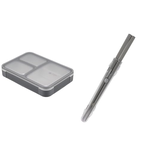 【セット買い】シービージャパン(CB JAPAN) フードマン 弁当箱 立てて運べる 薄型弁当箱 600ml [ 抗菌 ] グレー 汁漏れしにくい Wシーリング 4点ロックでしっかり固定 DSK + 箸 [ケース付き] 抗菌仕様 グレー 食洗機対応 弁当用箸 20.5cm カチャカチャ鳴らない 出し入れしやすい専用ケース 天然木 塗り箸